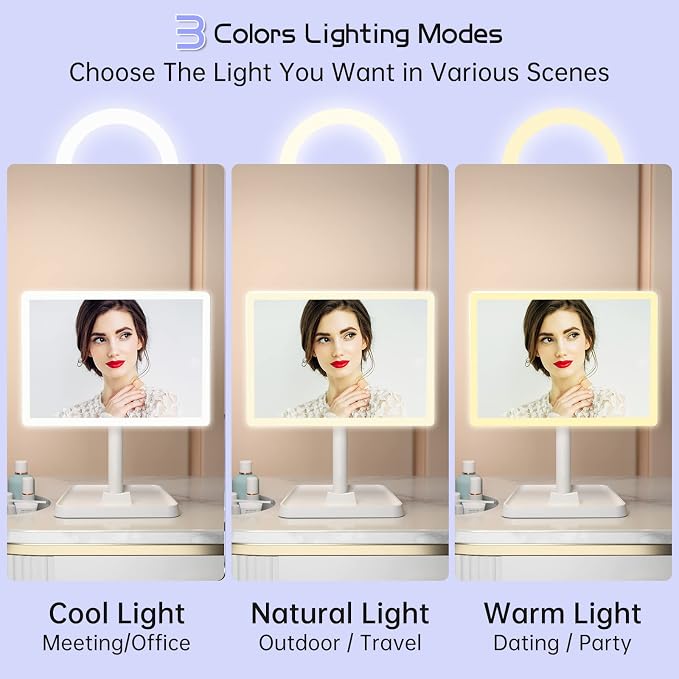 FUNTOUCH 4500mAh Large Makeup Vanity Mirror with Lights & 96 LED,White | Rechargeable Lighted Makeup Mirror with 10x Magnifying Mirror,3 Color Lighting 360°Rotation Touch Dimmable with Phone Holder