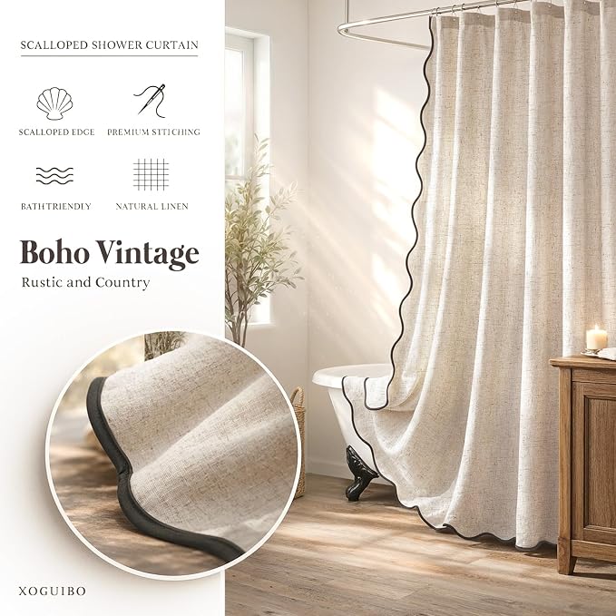 Scalloped Shower Curtain Linen Boho Beige 72" W x 72" L | Linen Fabric, Black Border, Washable, Heavy Duty Cloth, Shower Curtain for Boho Farmhouse Bathroom Bathtub