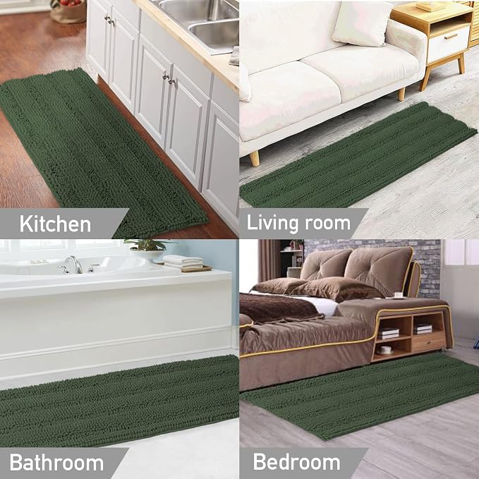 Turquoize Non Slip Shaggy Chenille Microfibers Bathroom Rug Bronze Green Bathroom Mat Extra Long Bath Rug 59 x 20 Kitchen Rugs, Super Absorbent & Soft Washable Bath Rug for Kitchen, Bronze Green