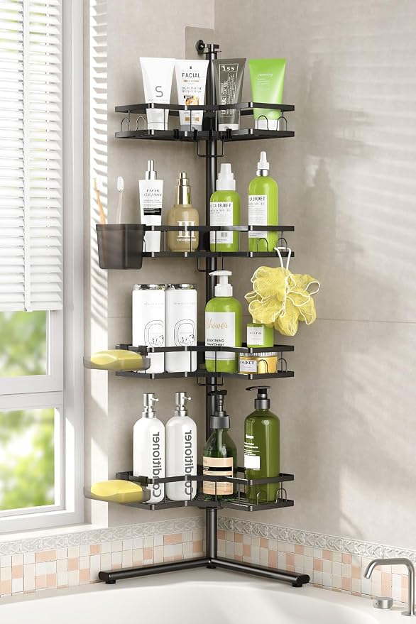 Standing Corner Shower Caddy - 4-Tier Rustproof Adjustable Shower Shelves | No Drill Floor Standing Shower Organizer, for Tall Shampoo, Conditioner, Fits Renters, Apartments, Bathtubs & Walk-in Showers
