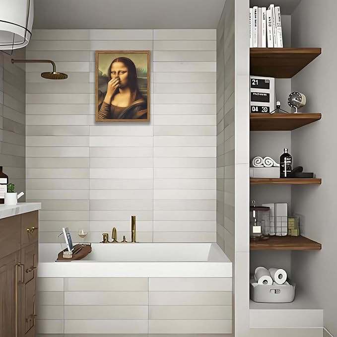 Framed Funny Mona Lisa Bathroom Wall Art, Mona Lisa Holding Her Nose Picture Wall Decor, Vintage Whimsical Canvas Artwork Poster Print for Restroom Toilet Bathroom 16x24 Inch Framed
