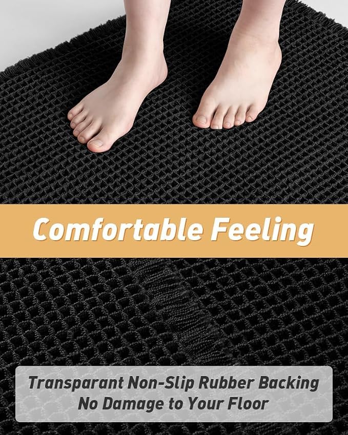 AMOAMI Upgraded Waffle Bath Mat, Super Absorbent Non Slip Bath Mats for Bathroom Floor, Washable Bathroom Rugs with Tassels, Rubber Backed Bathroom Mats, Ultra Soft, 24" x 36", Black
