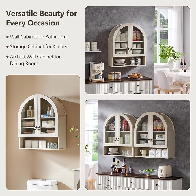IFGET Bathroom Arched Wall Cabinet, 23.6'' Wide Medicine Cabinet with Adjustable Shelves & Acrylic Glass Doors, Over The Toilet Storage Wall Mount Cabinet for Laundry Room,Kitchen & Living Room, Cream