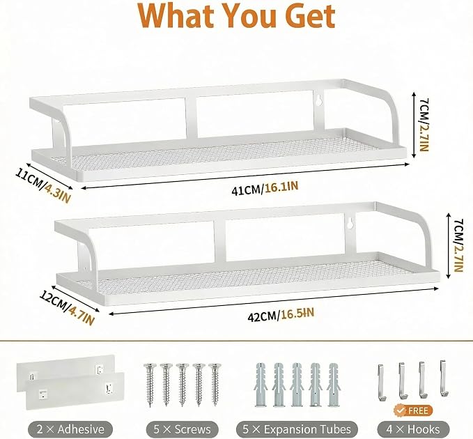 PUSDON 2-Pack 16.5" Extra Long Slim Hollowout Shower Caddy, Wall Mount Spice Rack & Bathroom Organizer, Mesh Bottom Cabinet Door Shelf Holds 50LBS - White, Hollowout