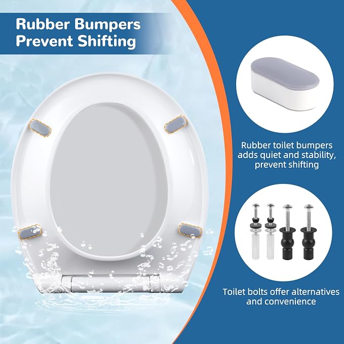 Universal Round Toilet Seat Soft Close Cover, 4 PCS Toilet Bolts, White | One-Click Quick-Release Toilet Seat Replacement with Bumpers, Compatible with TOTO, Gerber, Kohler, Never Loosen Slow Close