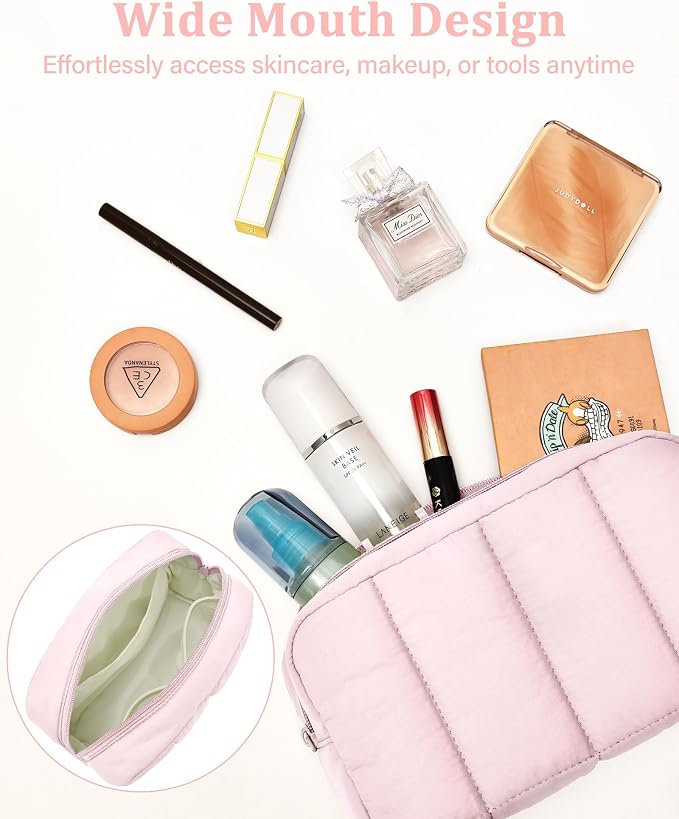 Makeup Bag Cosmetic Bag Travel Toiletry Bag for Women Puffy Padded Cosmetic Pouch Purse Wide-open Makeup Organizer Case Travel Essentials