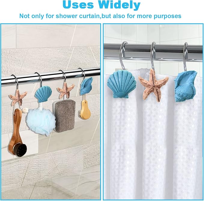 AGPtek® Seashell Shower Curtain Hooks, Blue Seashell, 12PCS | Anti Rust, Decorative Resin, Bathroom Decor, Baby Room Decor, Bedroom & Living Room Decor