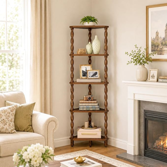 HOOBRO Corner Shelf, 5-Tier Wooden Corner Bookshelf for Small Space, Stylish Corner Storage Display Shelves for Living Room, Kitchen, Office Rustic Brown FG195CJ01