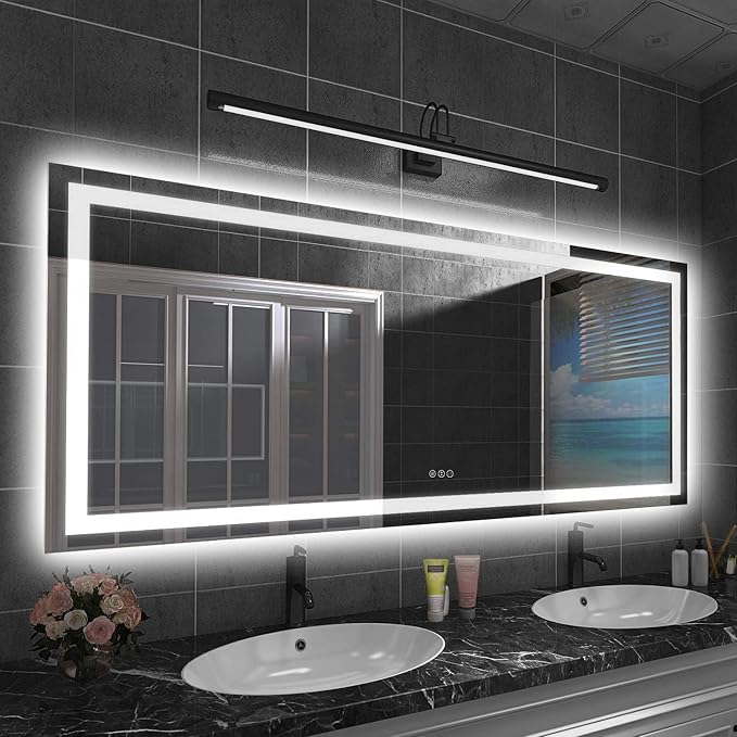 LED Bathroom Mirror, 72"X32" with Front Light and Backlit | Stepless Dimmable, Anti-Fog, Shatter-Proof, HD Reflection, Memory, 3 Colors Lighting, UL Listed (Horizontal/Vertical).