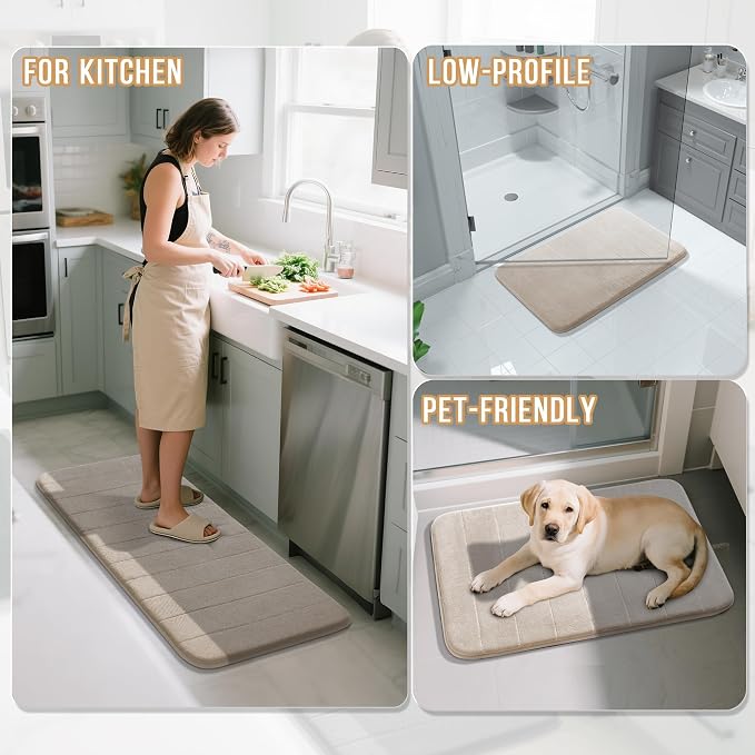 Yimobra 3 Pieces Memory Foam Bath Mat Set with U-Shaped Toilet Rug - Non Slip Super Soft Absorbent Quick Dry Bathroom Rugs for Bathtub, Vanity & Toilet Base, Beige