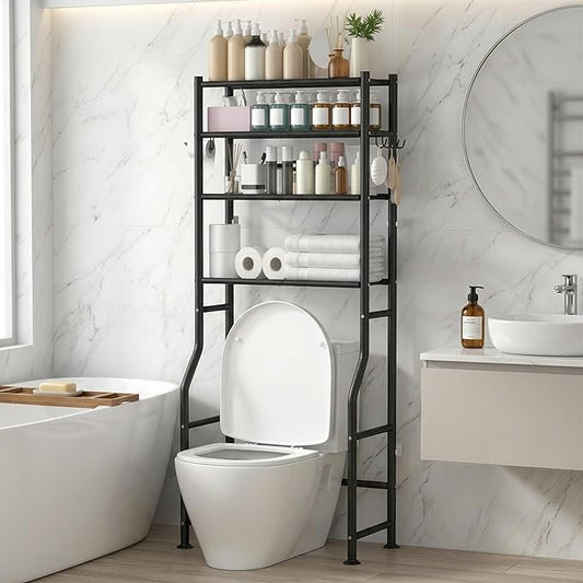 GloTika 4-Tier Over Toilet Storage, Anti-Tilt, 64" H, Black | Anti-Tilt Safety System, 150lb Capacity, Carbon Steel, Freestanding, No Drilling, Anti-Rust Coating, Paper Holder & 4 Hooks