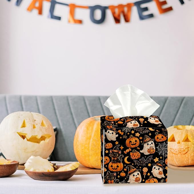 Halloween Ghost Tissue Box Cover Square, Halloween Desk Decor Cube Tissue Box Holder, Autumn Tabletop Decor Leather Facial Paper Organizer Dispenser for Bathroom Home Night Stand Living Room/34