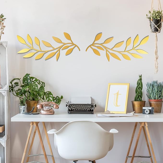 Zhengmy 2 Pcs Metal Leaf Wall Art Vine Branch Decor,Gold