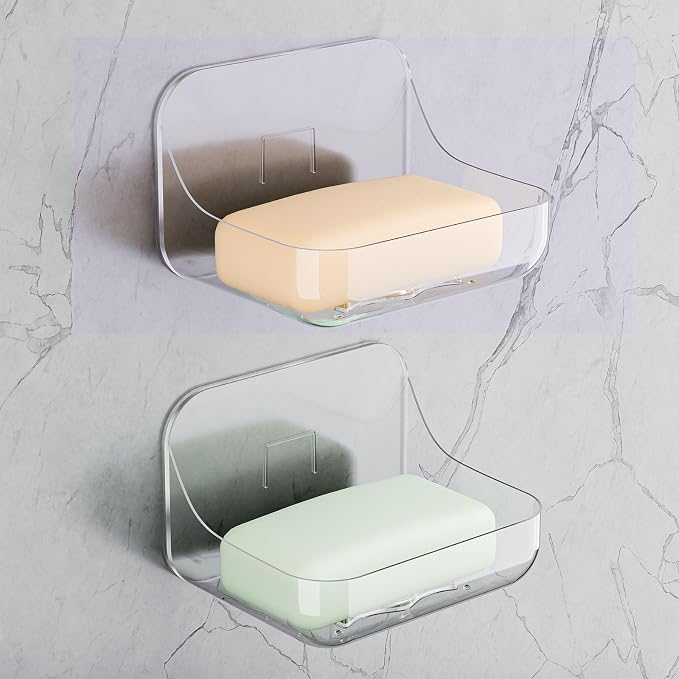 Acrylic Soap Dish, Clear Self Draining Soap Holder, No Drilling | No Tool, Universal and Aesthetics, Waterproof, 2 Pcs Plastic Soap Saver - Bathroom Kitchen Organizer