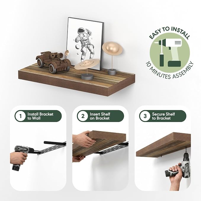 Furinno Tanna Floating Shelves for Wall Set of 2, 12 x 24 Wall Shelf, Wall Mounted Floating Shelf with Invisible Bracket, 2-Inch Thick, for Bathroom, Living Room, Bedroom, Home Office, Retro Brown