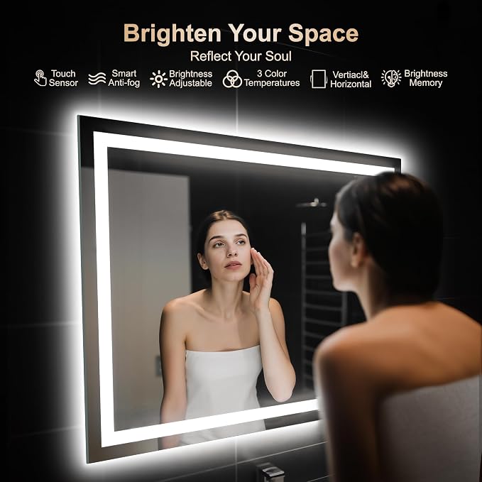 LED Mirror for Bathroom 30x40 Inch, Dimmable Front & Backlit Vanity Mirror with Anti-Fog, 3 Color Modes, Memory Function, Shatterproof Tempered Glass, Horizontal or Vertical Mount