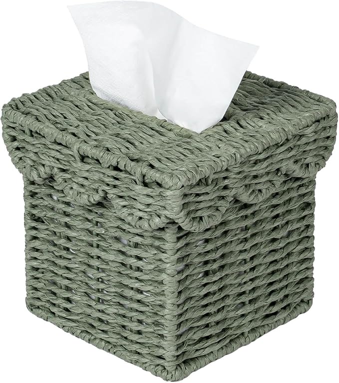 CubesLand Square Wicker Tissue Box Cover W/Scalloped Lid for Home Decor | Handwoven Facial Tissues Boxes Fits Living Room Table Decor, Rustic Farmhouse Boho Bathroom Decorative, Green