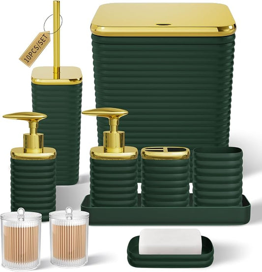 Bathroom Set - 10PC Bathroom Accessory Set, Green Bathroom Set, Luxury Bathroom Accessories Set, Trash Can, Toilet Brush, Soap Dish, Qtip Holder & Soap Dispenser