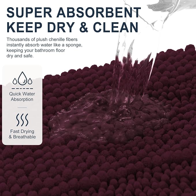 Smiry Thick Small Chenille Bathroom Rugs 24x16, Soft Bath Mat, Black Cherry | Quick‑Dry & Machine Washable, Non‑Slip Bath Carpet, Striped Bath Rugs for Tub & Shower, Modern Home Decor Accessories