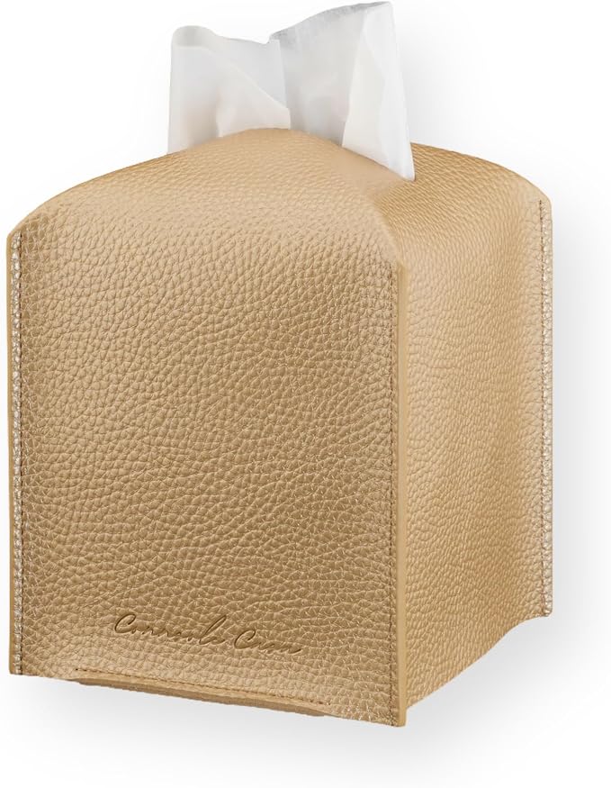 Premium PU Leather Tissue Box Holder - Elegant Hotel-Style Tissue Box Cover for Home, Office & Car Décor, Tissues Cube Organizer for a Natural & Classic Look (Gold)
