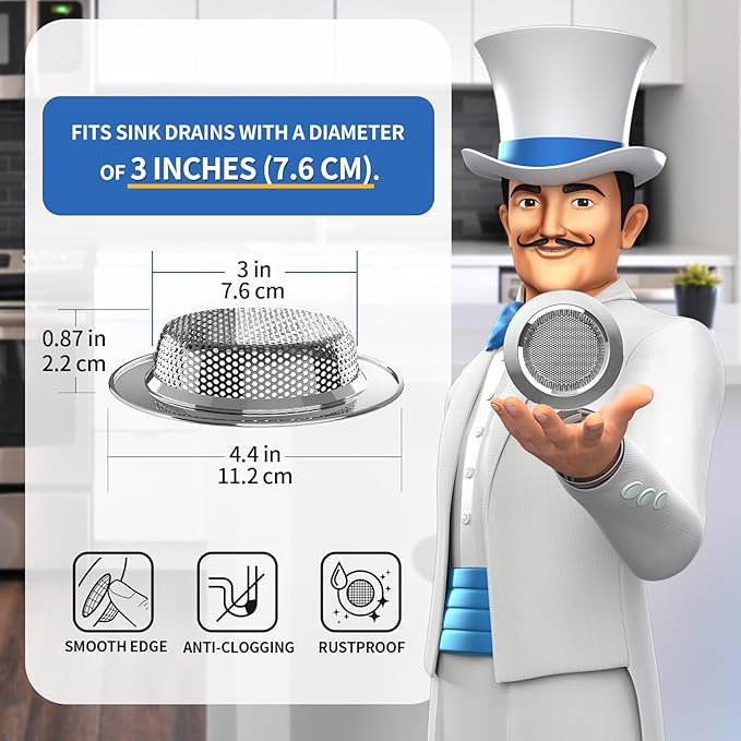 MR.SIGA Kitchen Sink Strainer, Stainless Steel Sink Drain Strainer, 3 Pack | Dishwasher safe sink strainer, outer diameter 4.4 inch/11.2cm, inner diameter 3 inch/7.6cm