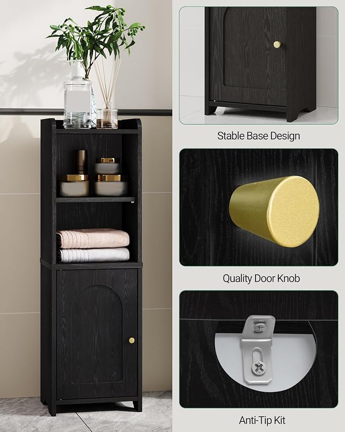 Hzuaneri Bathroom Storage Cabinet, Narrow Toilet Paper Cabinets with Doors | Small Corner Floor Cabinet with Doors and Adjustable Shelf, Bathroom Organizer for Small Spaces, Black BC39704X