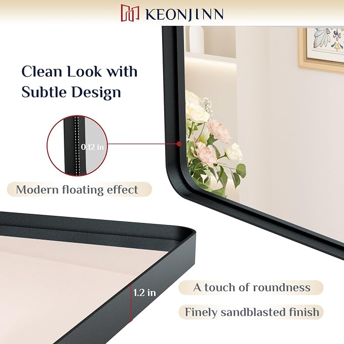 Keonjinn 60 x 40 Inch Black Bathroom Mirrors for Over Sink, Tempered Glass | Sandblasted Finish, Matte Black Vanity Mirror, Anti-Rust, Seamless Aluminum Frame, Rounded Rectangle, French Cleat Mount