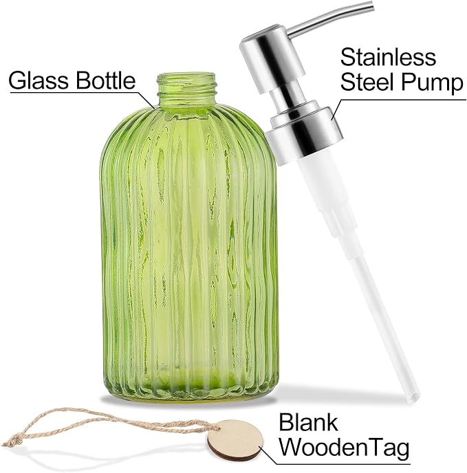 MOCLIF 16 OZ Soap Dispenser，Tempered Glass Clear Vertical Stripe with 304 Rust Proof Stainless Steel Pump Refillable Liquid Hand Soap Dispenser，for Bathroom, Kitchen, Dish Soap，Lotion (Green)