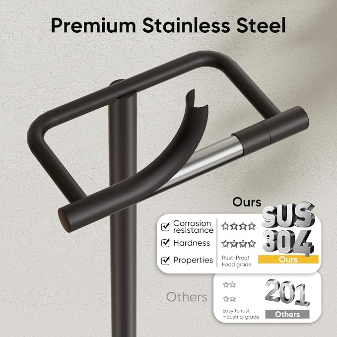 Matte Black Freestanding Toilet Paper Holder Stand Free Standing | SUS 304 Stainless Steel Tissue Rack with Pivoting Arm & Weighted Base for Bathroom