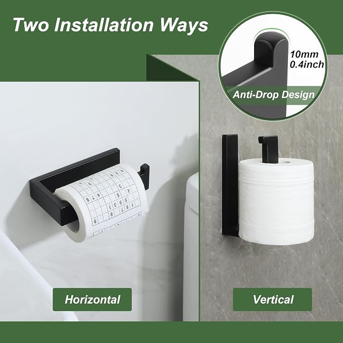 SAYAYO Self Adhesive Toilet Paper Holder Wall Mount, Modern Matte Black Stick on Toilet Paper Roll Holder for Bathroom Square, SUS304 Stainless Steel 6 Inch