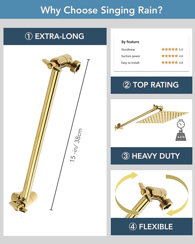 15 Inch Extra Long Adjustable Shower Head Extension Arm With Locking Set Screw, Singing Rain 304 Stainless Steel Angle Height Adjustable, G1/2 Universal Connector Compatible (Egyptian Gold)