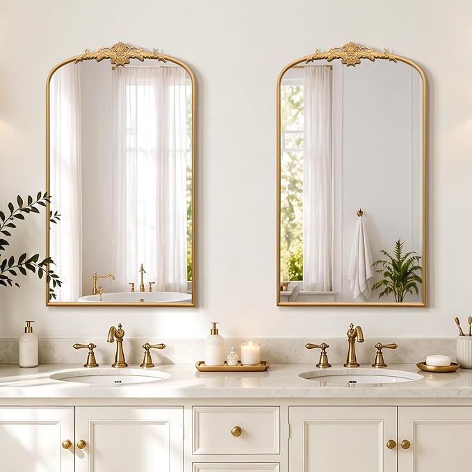Besdomus Vintage Large Wall Mirror: 24"x42" French Arch Gold Vanity Mirrors | Antique Metal Framed Decorative - Baroque Traditional Ornate for Hallway/Bathroom/Fireplace - Ideal for Bathroom Renovations