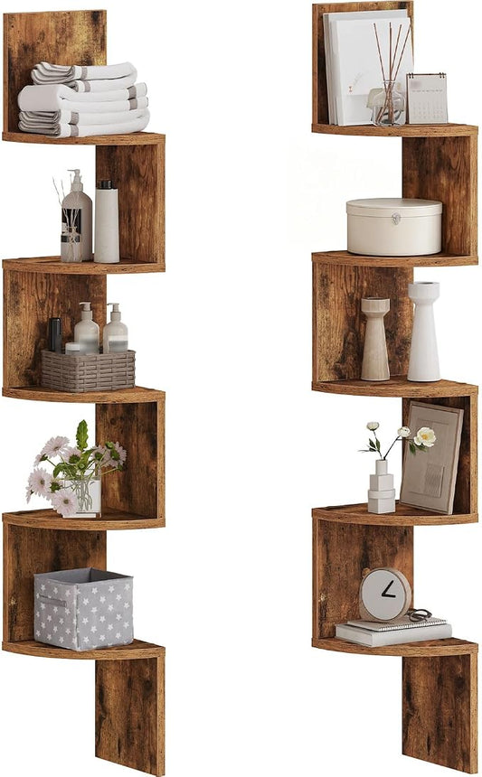 HOOBRO Corner Shelf Wall-Mounted, Set of 2 Floating Corner Shelves for Wall, 5-Tier Corner Bookshelves for Living Room, Bedroom, Bathroom, Home Office, Rustic Brown BF26BJP201