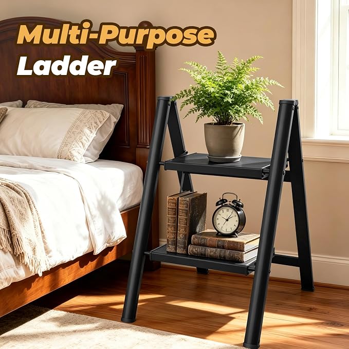 HBTower 2 Step Ladder, Lightweight Aluminum Folding Step Stool | Anti-Slip Wide Pedal, 330lbs Capacity Step Ladder for Household Kitchen Office, Black