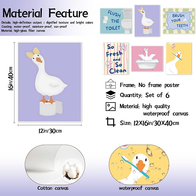 ZYANGZY Cute Kids Bathroom Poster Set of 6, Funny Duck Toilet Wall Art Painting Children's Quotes Bathroom Wall Decor Quirky Silly Goose Nursery Canvas Picture Prints for 12x16 inch Unframed