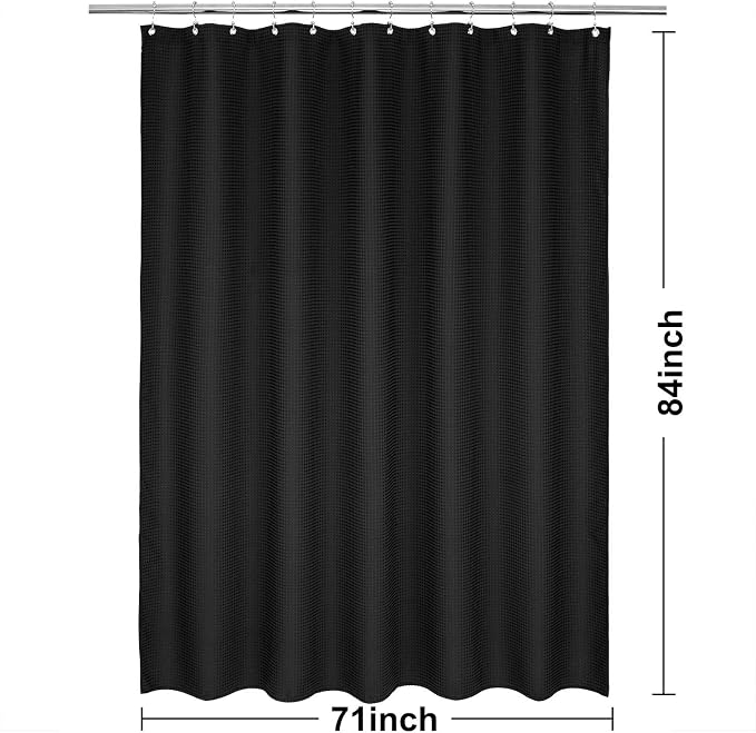 Barossa Design 71x84 Extra Long Waffle Weave Shower Curtain Black | 230GSM Heavyweight, Hotel Spa Luxury, Cloth Pique Pattern, Water Repellent, Washable
