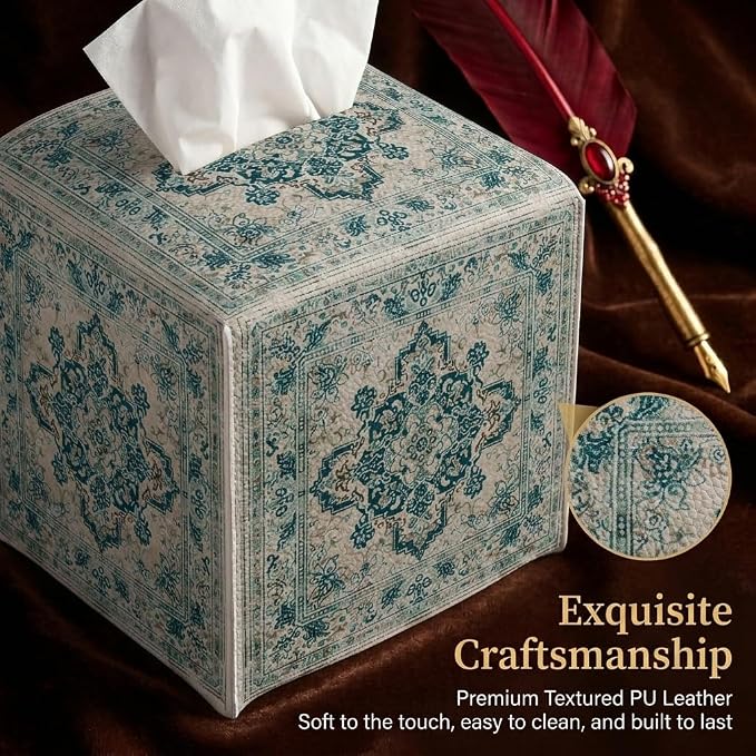 Tissue Box Cover Holder Square - Vintage Boho PU Leather Decorative Organizer, Ethnic Carpet Pattern Design Inspired, with Bottom Belt for Bathroom Car Office Tabletop Home, 5x5 Inch (Green&White)