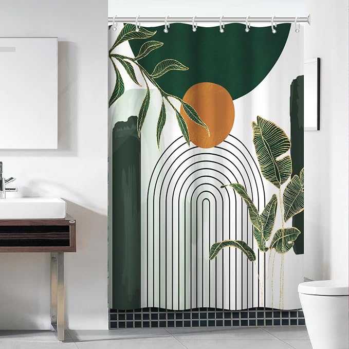 Abstract Boho Green Shower Curtain for Bathroom 60x72 Inch | Waterproof Emerald-green Leaves Shower Curtain Set with Hooks, Mid Century Bathroom Decor