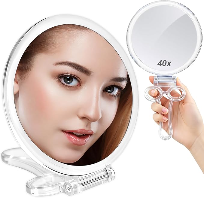 Magnifying Hand Mirrors with Handle - Double Sided Handheld Mirror with 1X 40X Magnification, Portable Travel Folding Hand Held Mirror, Pedestal Makeup Vanity Mirror