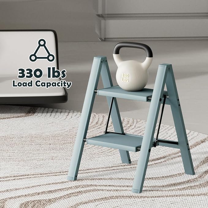 Taranta 2 Step Stool Foldable,Aluminum Step Ladder-Serene Blue | Lightweight,Wide Anti-Slip Pedals,Folding Step Stool,330lbs Capacity Stepladder for Household,Kitchen,Office