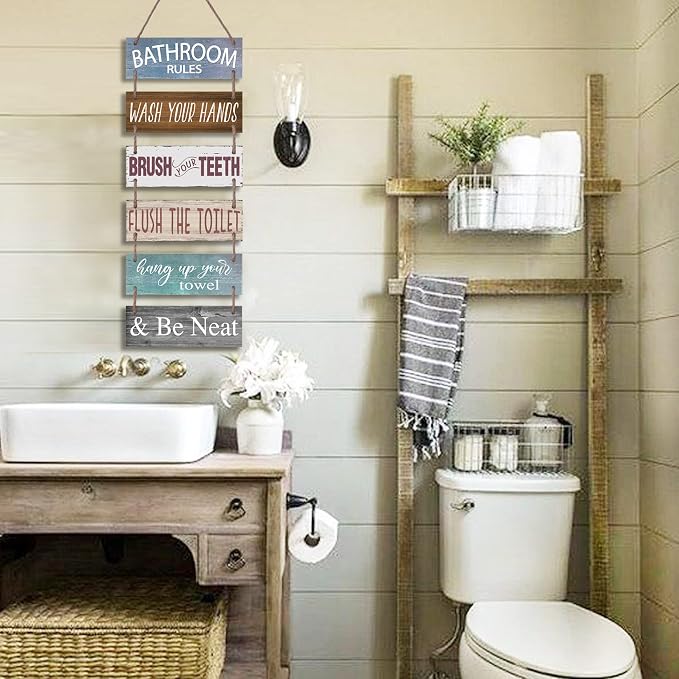 Yudarte Large Bathroom Rules Wall Hanging Sign with Jute - 6pcs Wooden Decor Wall Art Plaque for Toilet Restroom 38x12 Inches