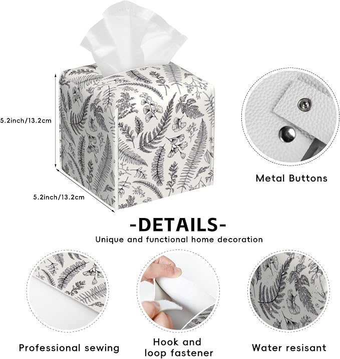 Vintage Floral Leaves Tissue Box Cover Square,Tissue Box Holder with Belt Bottom,Stylish Leather Napkin Holder for Vanity Countertop,Nightstands,Office Desk,5.2"×5.2"×5.2"
