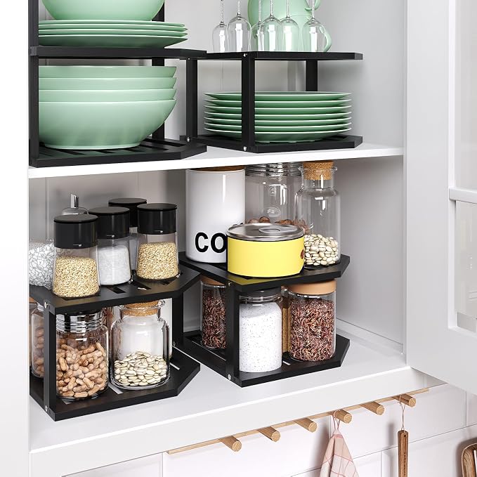 VERTORGAN 2 Tier Bamboo Corner Shelf 3 Pack Plate Organizer Kitchen(Black) | Pantry Storage,Dish Rack,Spice Rack,Corner Organizer,Kitchen Counter Shelves,Kitchen Storage,Holds Plates