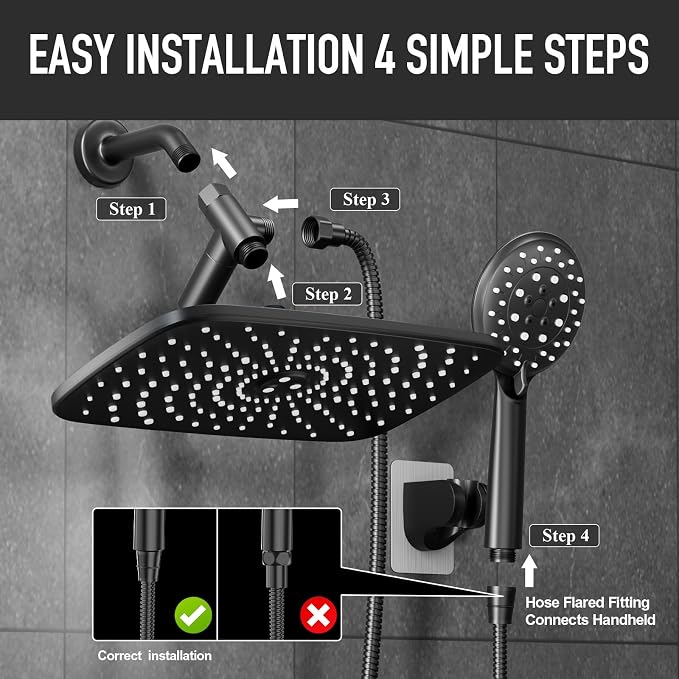Veken 11.8“ Rain Shower Head with Handheld,Dual High Pressure Shower Heads | 5-mode Hand Held Spray with Hose,Wide Detachable Rainfall,Dual Showerhead Combo,Bathroom Accessories,Easy Install,Decor,Black
