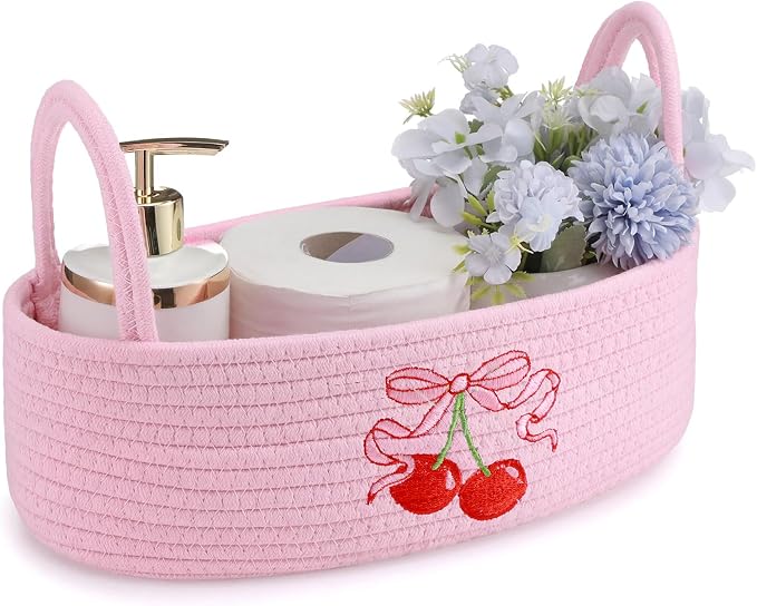 Vesici Cherry Basket Pink Cotton Rope Bathroom Organizer with Handles | Cherry Bow Embroidery, Toilet Paper Holder for Countertop Sink, Storage for Bathroom Essentials, Nursery Bedroom