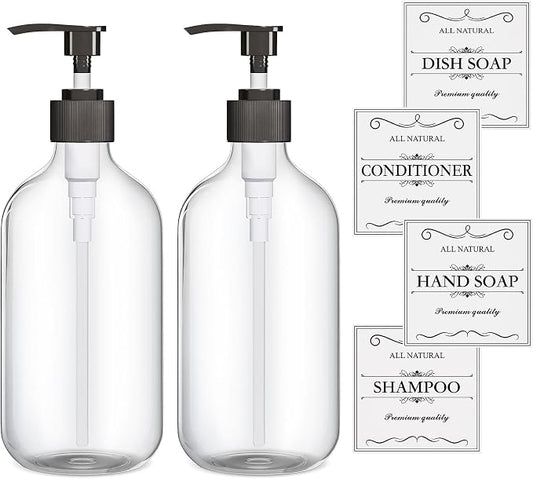 2PCS Clear Dish Soap Dispenser for Kitchen with Rust Proof Pump (16 Oz), Premium Hand Soap Dispenser for Bathroom, Plastic Liquid Soap and Lotion Dispenser/Bottles Set, Waterproof Labels