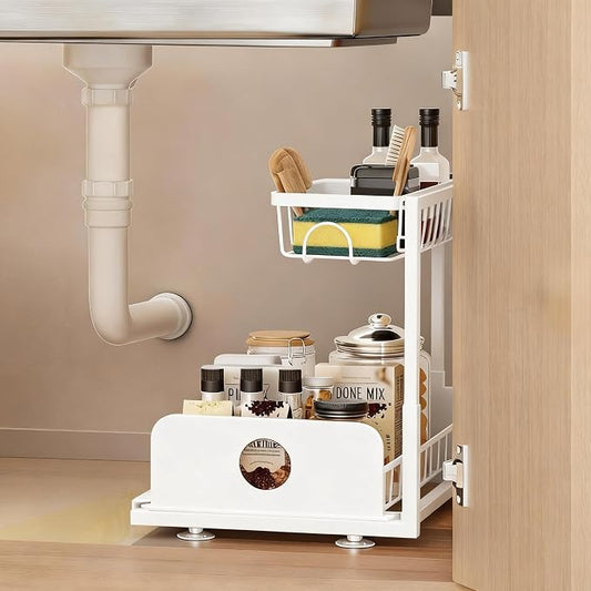 Under Sink Organizer, 1 Pack Under Kitchen Cabinet Organizer, Height Adjustable Pull Out Mute Slide-Out 2 Tier Metal Under Sink Storage for Bathroom, Pantry, Kitchen & Bedroom (White, 1 Pack)