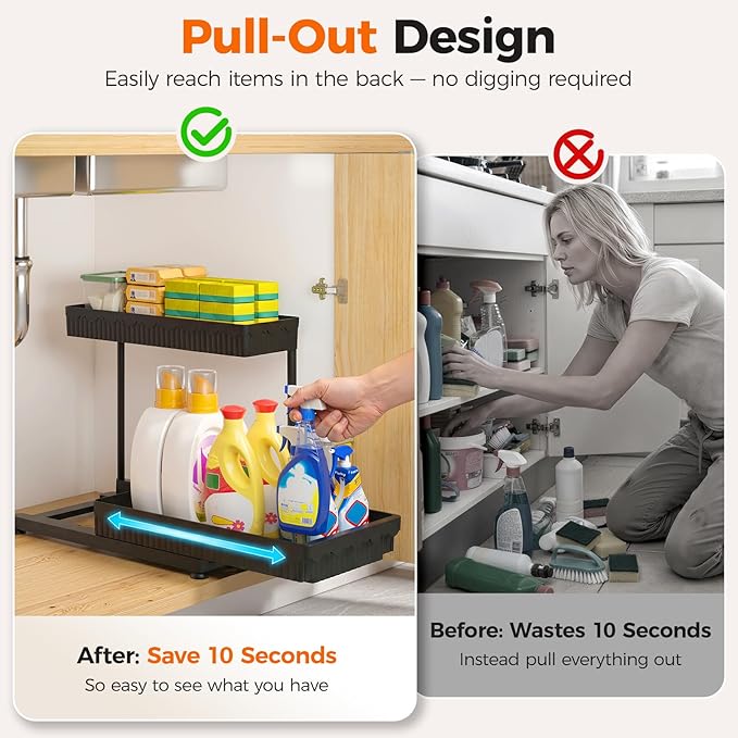 3-Pack 2-Tier L-Shaped Under Sink Organizers with Sliding Drawers | Multi-use kitchen & bathroom storage, 14.85 inch black cabinet organizer, space-saving sliding drawer design.
