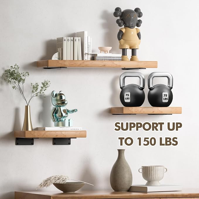 6 Pack Heavy Duty Metal Shelf Brackets 12 inch Long,Black | L-Shaped Wall Shelf Bracket Hidden & Decorative Shelf Bracket,1/5”-Thick,150 lbs of weight capacity