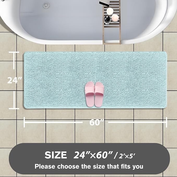 Bathroom Runner Rug 24 x 60 Inch – Extra Large Long Bath Mat | Absorbent and Washable Thick Chenille Bath Rug Non-Slip Runner Rug for Bathroom Floor, Shower, Sink(Aqua)